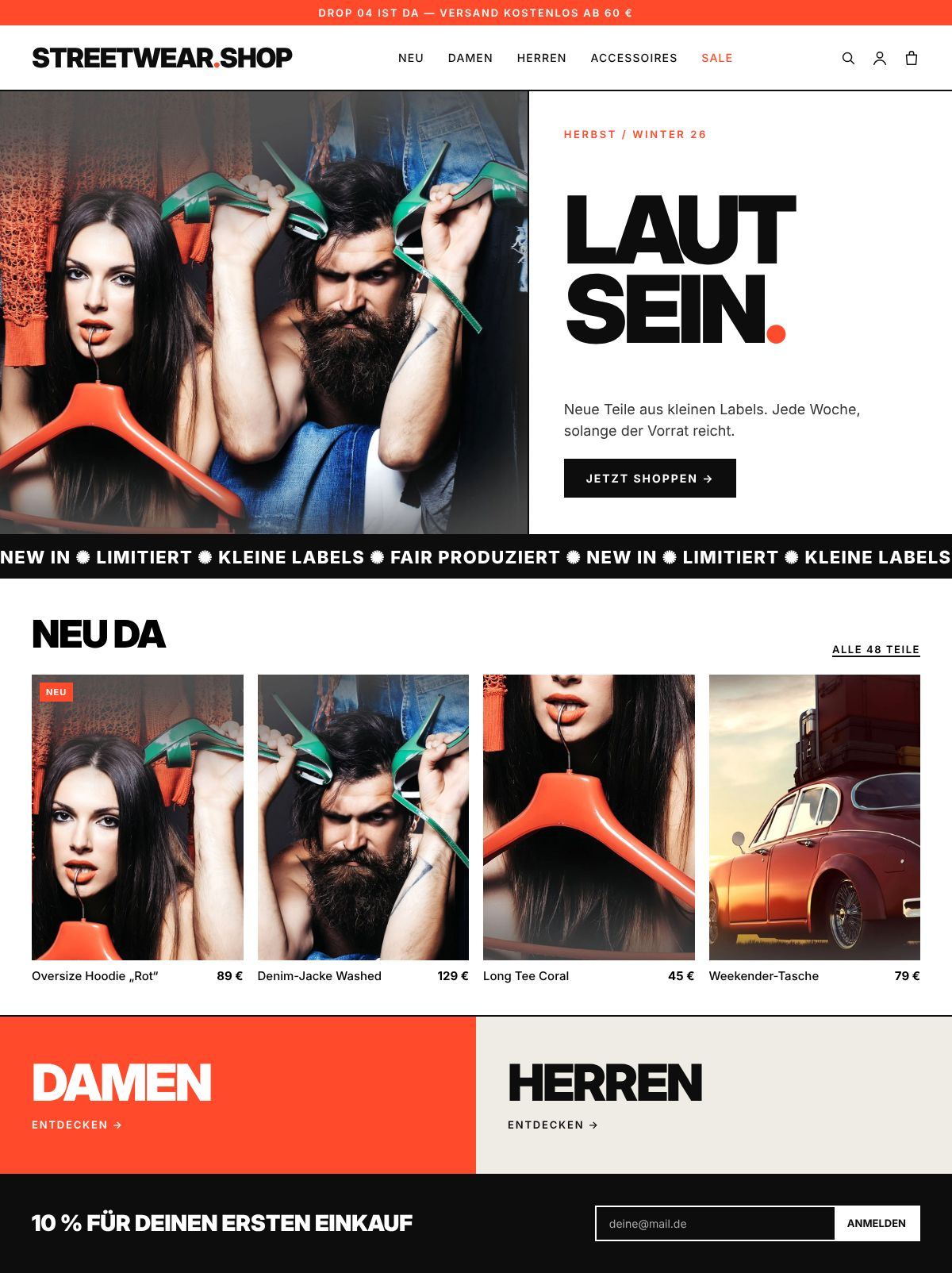 Shop-Beispiel Mode – editorial und mutig: Startseite am Laptop
