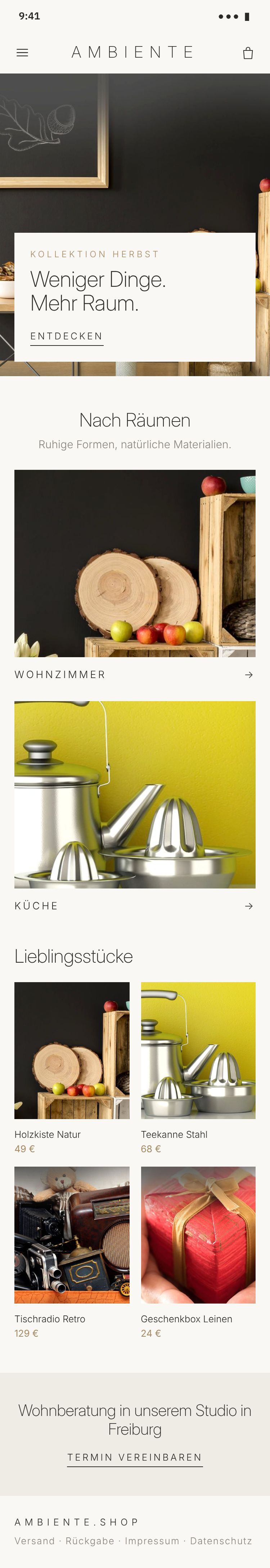 Shop-Beispiel Wohnen – ruhig und großzügig: Startseite auf dem Smartphone