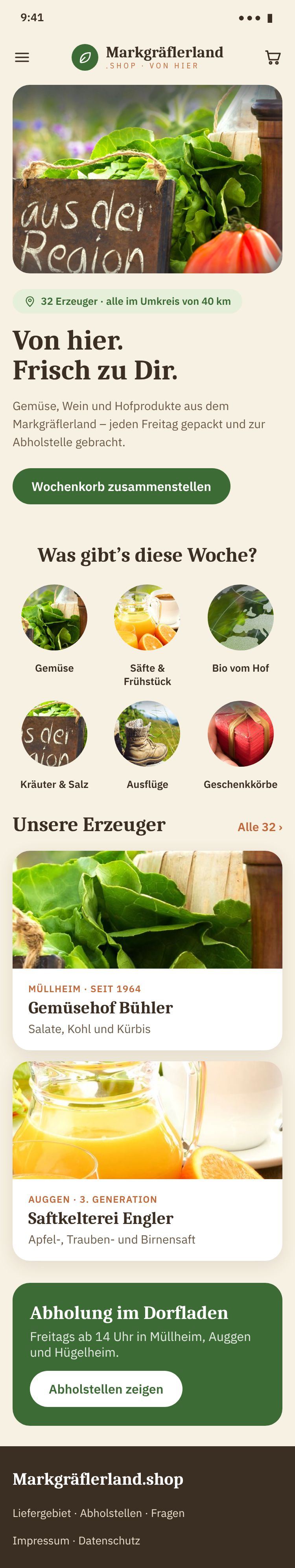 Shop-Beispiel Regional – warm und nahbar: Startseite auf dem Smartphone