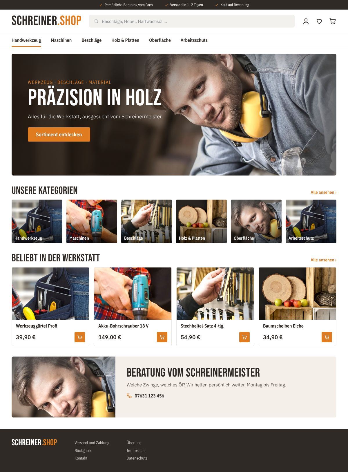 Shop-Beispiel Handwerk – sachlich und kräftig: Startseite am Laptop