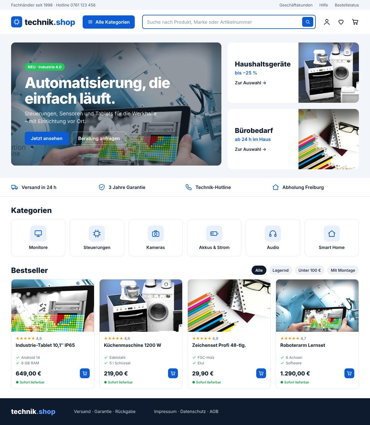 Shop-Beispiel Technik – klar und strukturiert: Startseite am Laptop